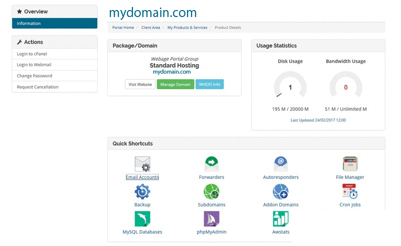 Manage domain name and hosting services, quick access cPanel